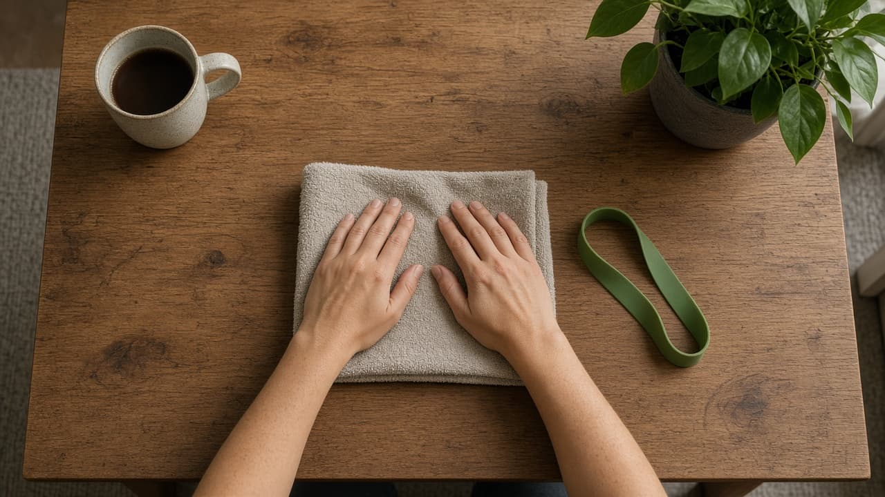 Overhead view of hands resting beside a green resistance band and a folded towel on a wooden coffee table. No faces are in the frame.