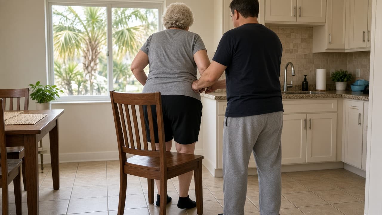 A person rises from a wooden dining chair in a kitchen, seen from behind, while another person stands nearby with a hand at their back. Faces are out of frame.
