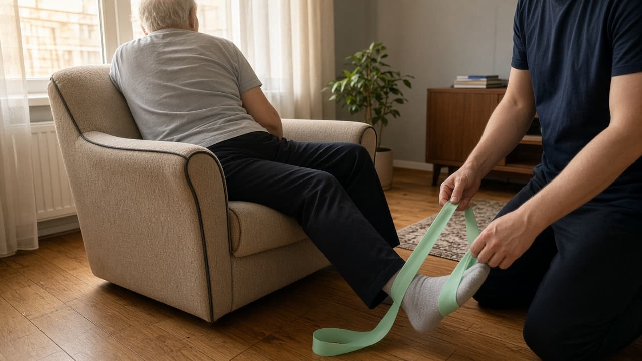 A person sits in a living-room armchair, seen from behind, while another person kneels and guides a green resistance band at their ankle. Faces are out of frame.