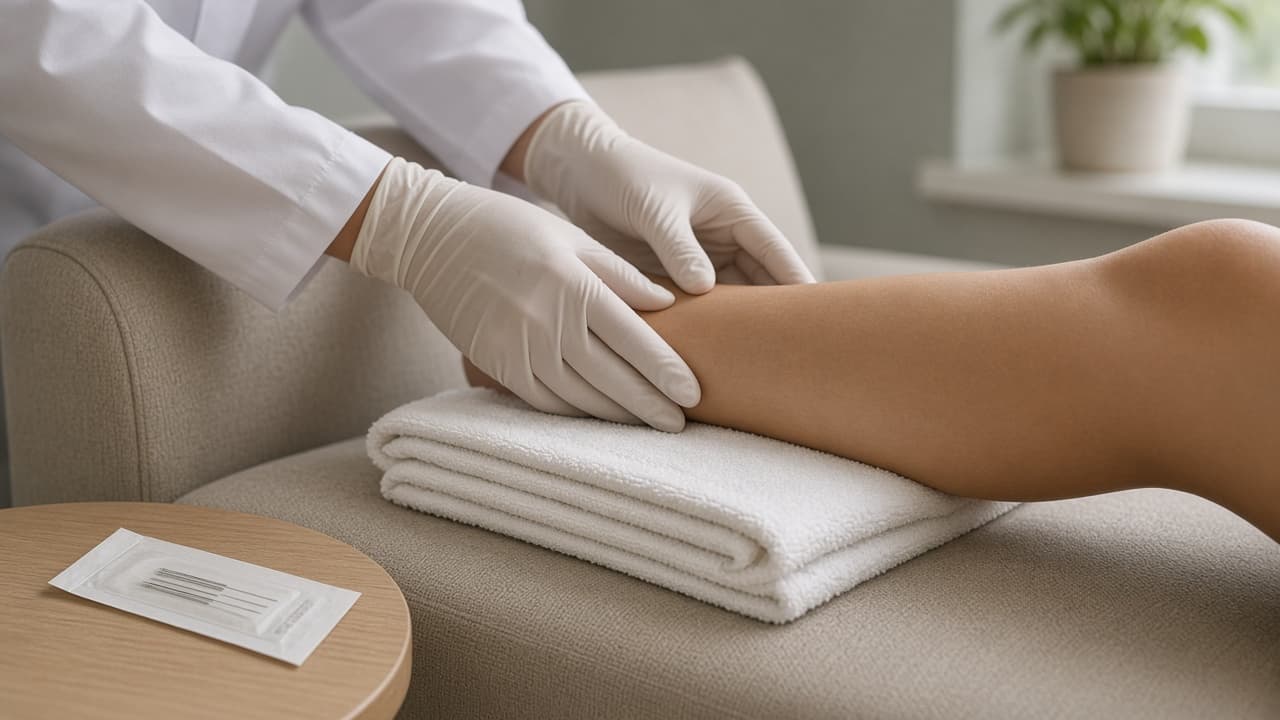 Gloved hands at a calf, with a sealed needle packet on a side table. The needle is not inserted, and no faces are shown.