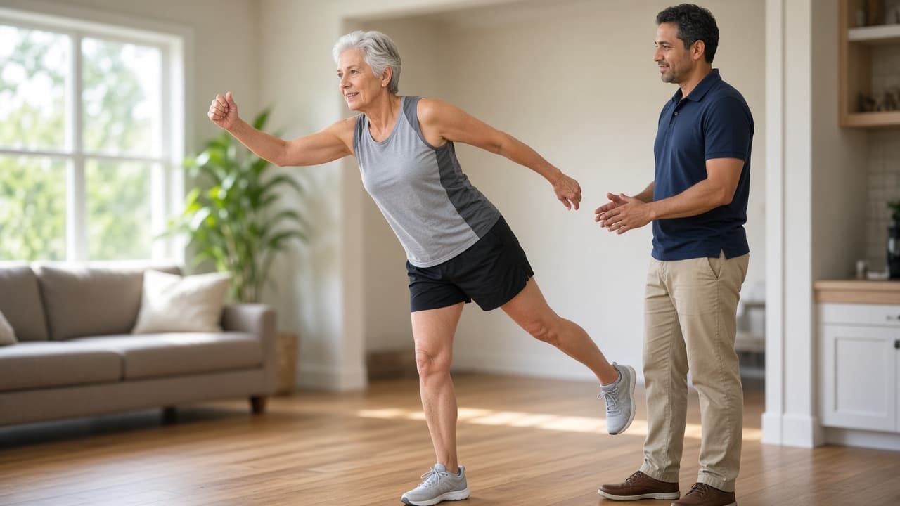 An older woman balances on one leg with arms outstretched in a bright living room while a coach stands beside her.