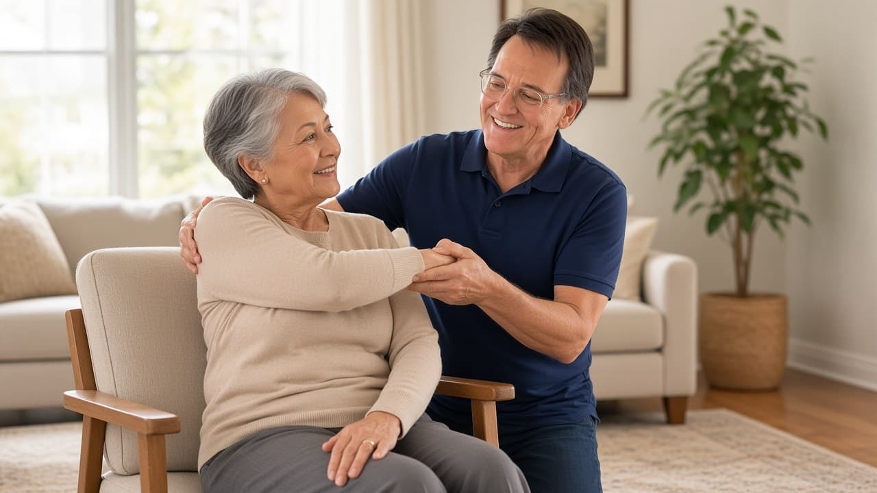 Russ Clifford, PT, guiding a seated older adult through an arm movement in a living room.