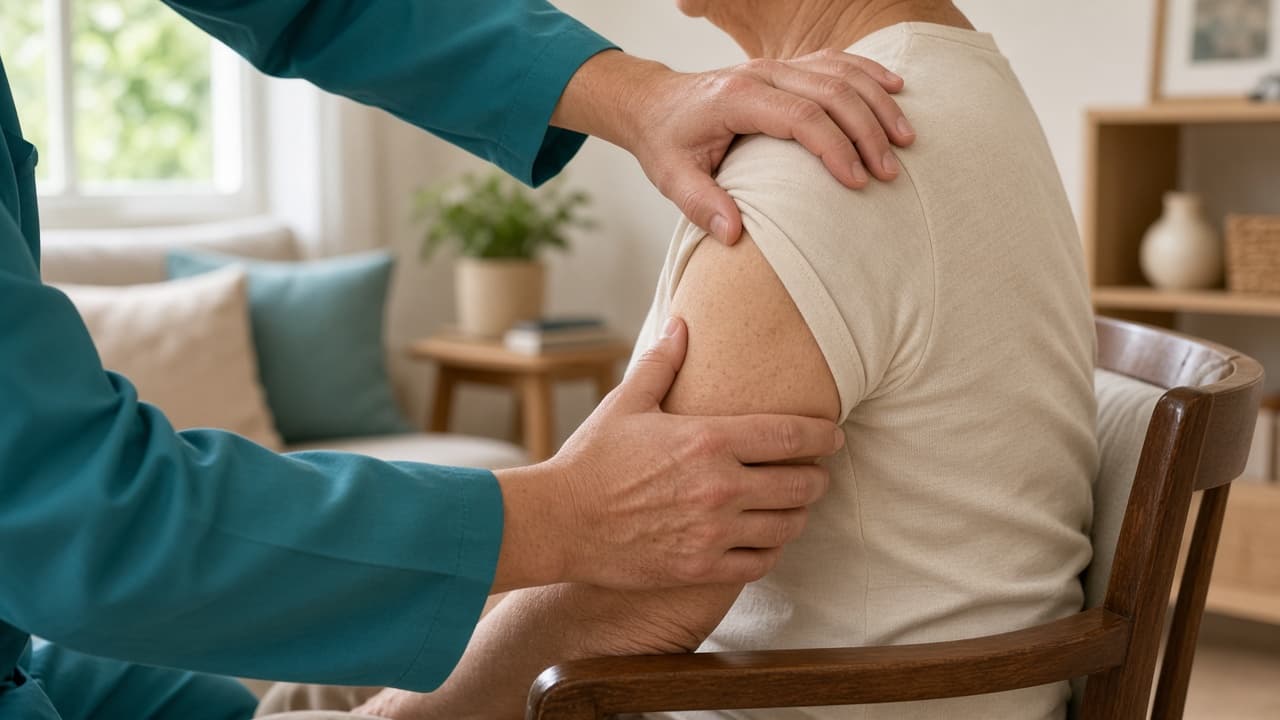 Close view of hands supporting a shoulder and upper arm during manual therapy. No faces are shown.