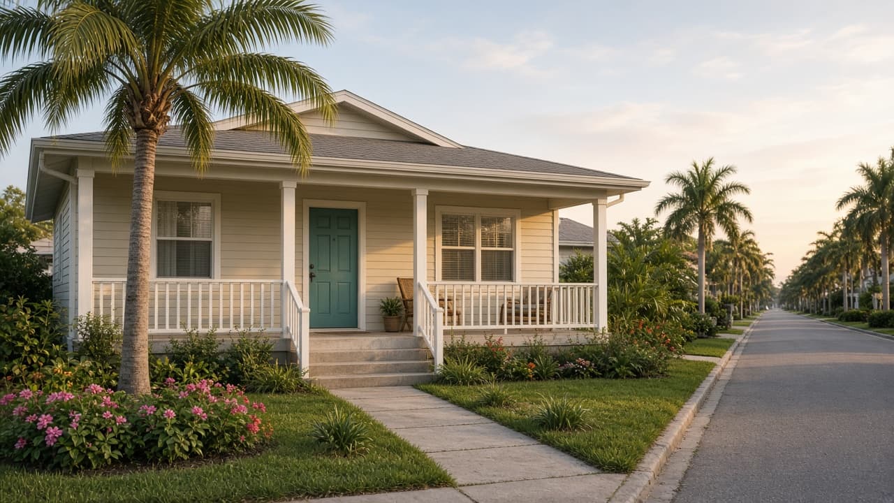A cream bungalow with a teal front door and palm trees on a residential street.